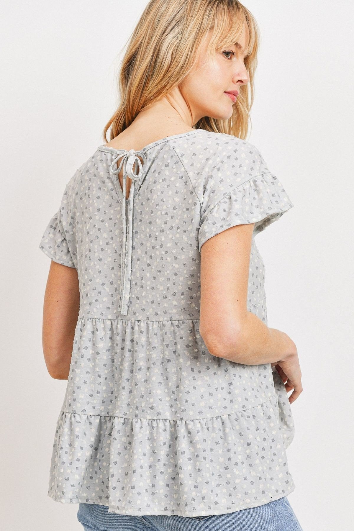 Dot Textured Print Jersey Ruffled Short Sleeve Top-3