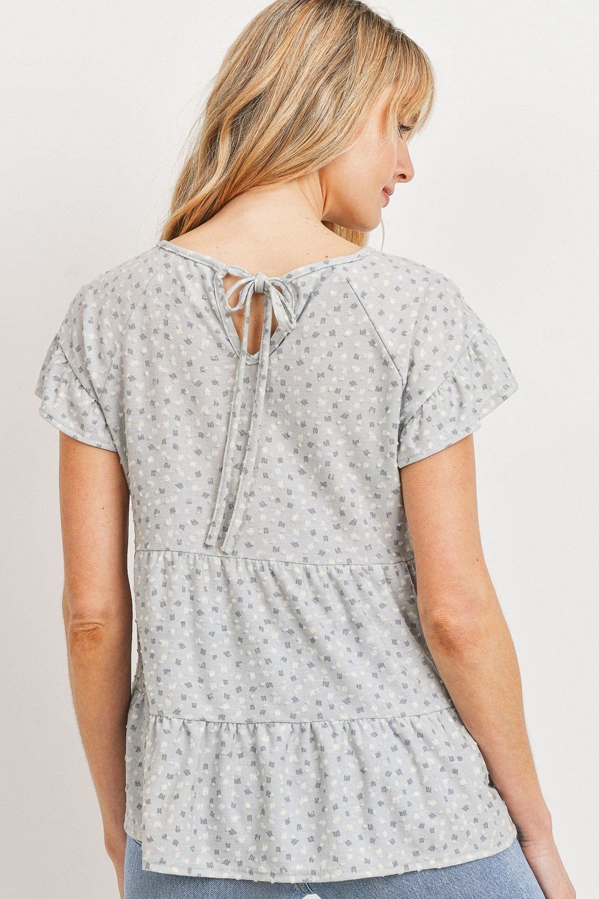 Dot Textured Print Jersey Ruffled Short Sleeve Top-4