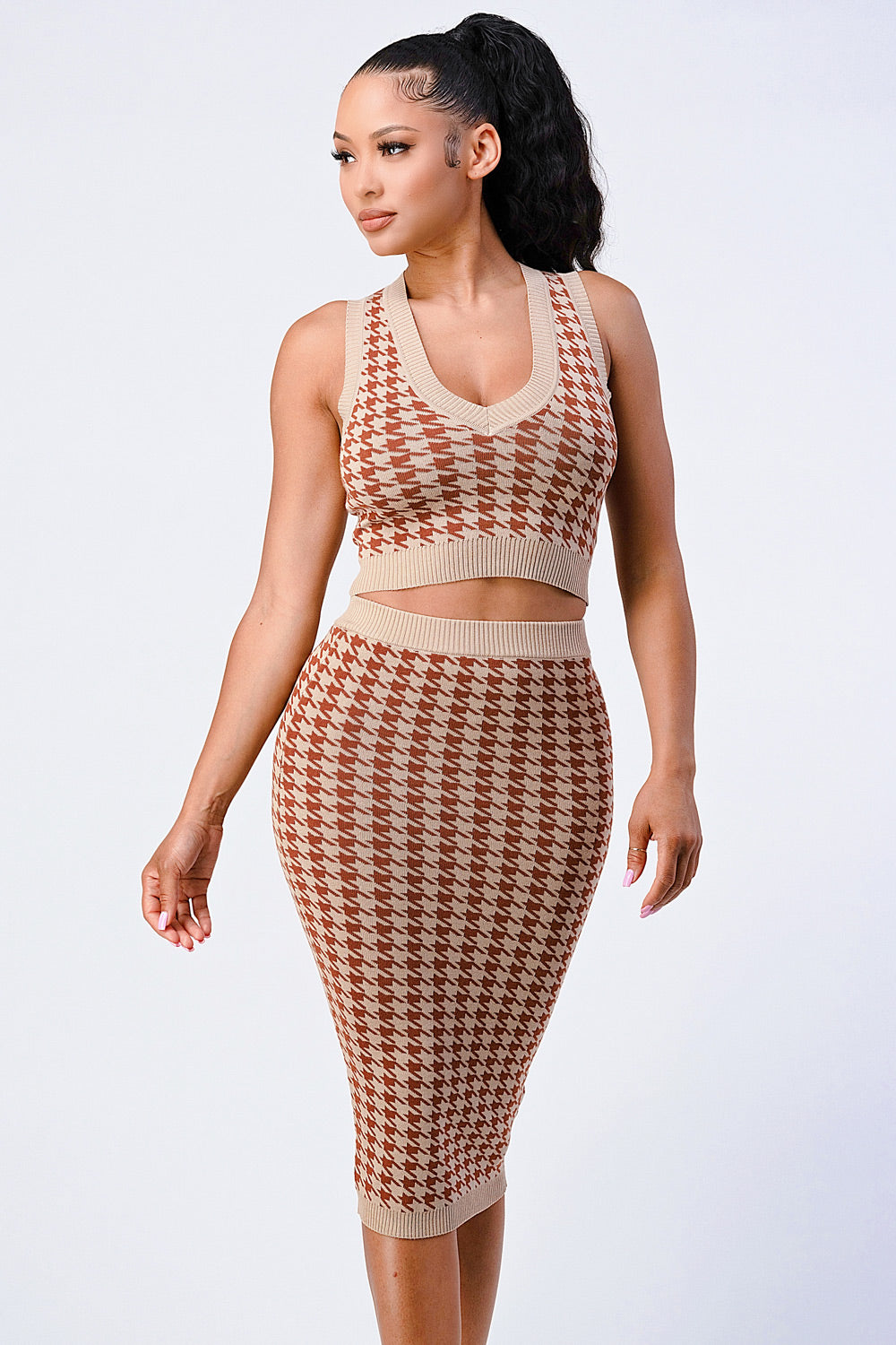 Luxe Gingham Rib Knit Top And Skirt Sets-0