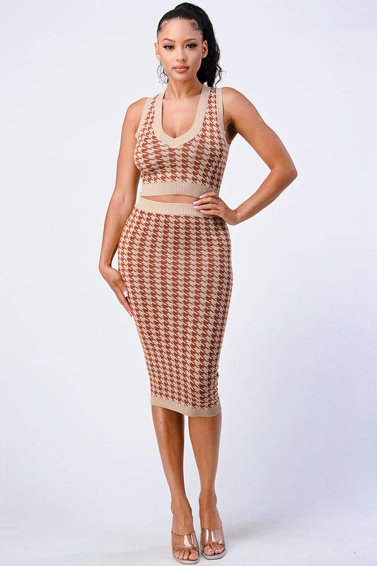 Luxe Gingham Rib Knit Top And Skirt Sets-1