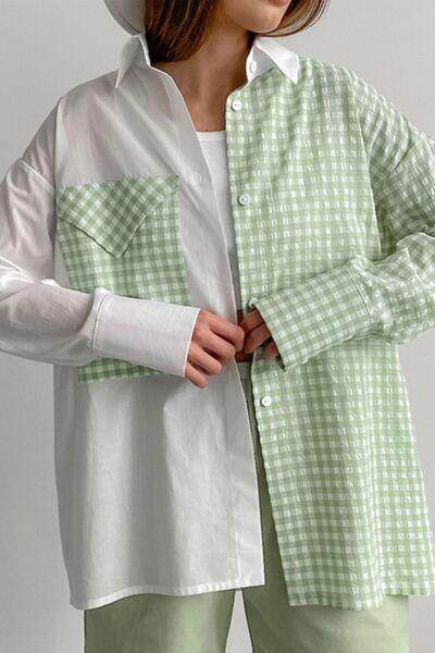 Two-Tone Plaid Button Down Long Sleeve Shirt for Women-2