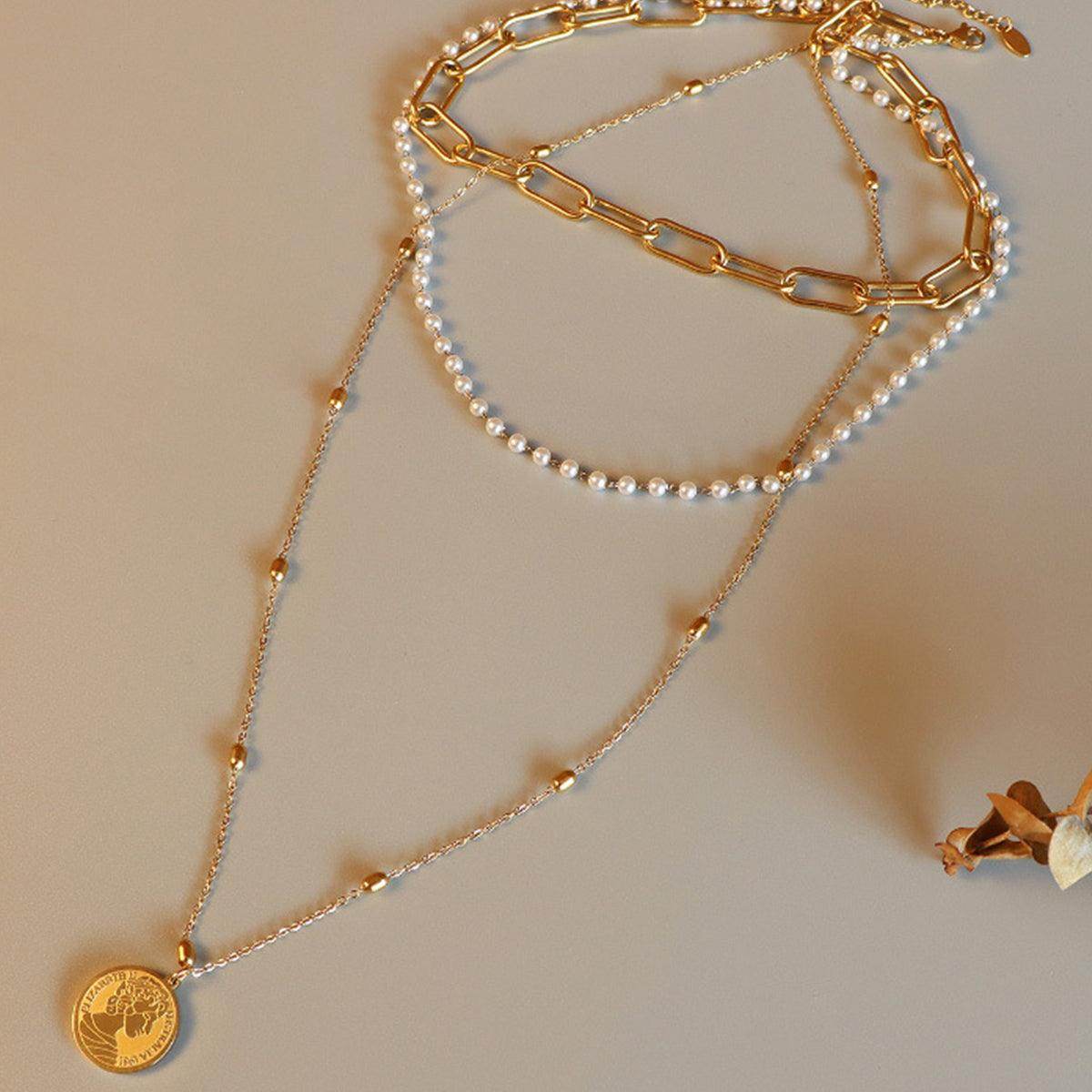 Synthetic Pearl Titanium Steel Three-Layered Necklace for Women-3