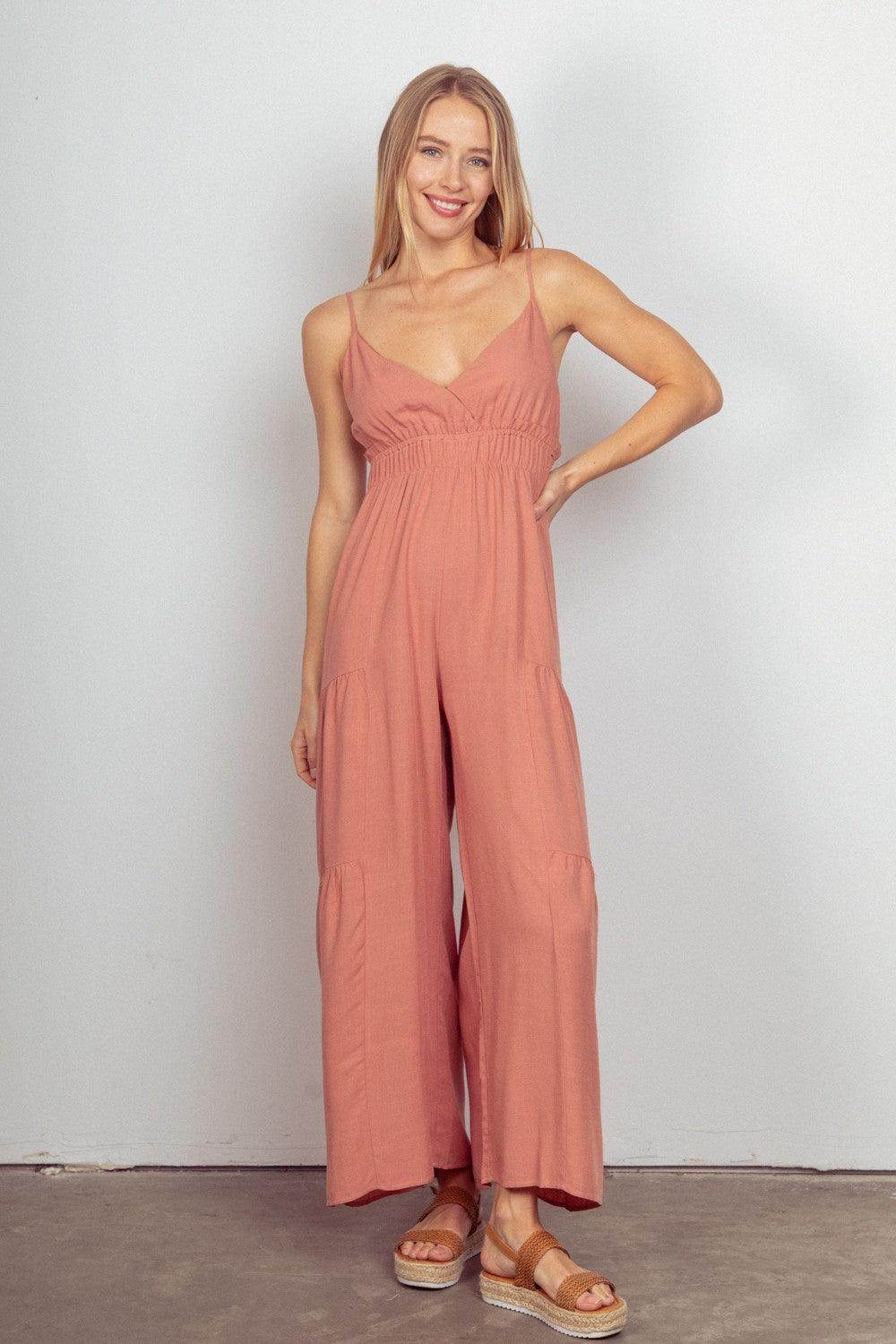Very J Sleeveless Ruched Wide Leg Jumpsuit for Women-0