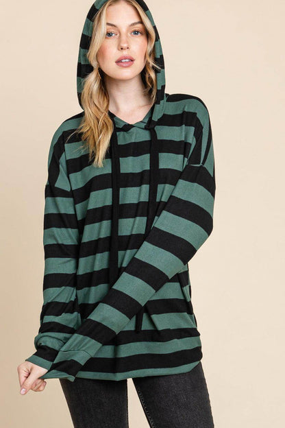 BOMBOM Drawstring Striped Dropped Shoulder Hoodie for Women-2