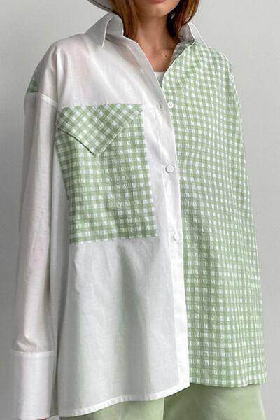Two-Tone Plaid Button Down Long Sleeve Shirt for Women-0
