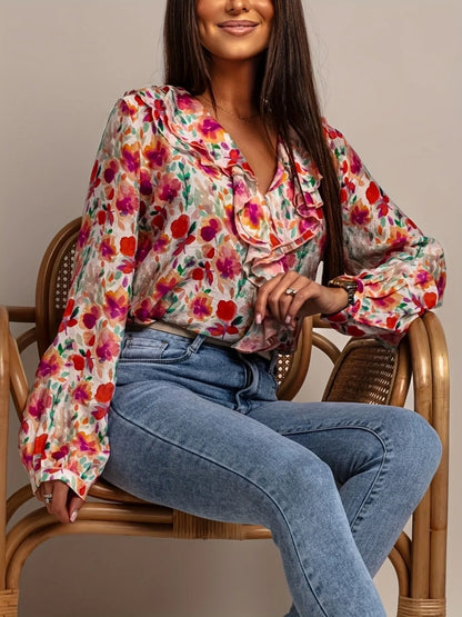 Floral Print Ruffle V-Neck Long Sleeve Blouse-3