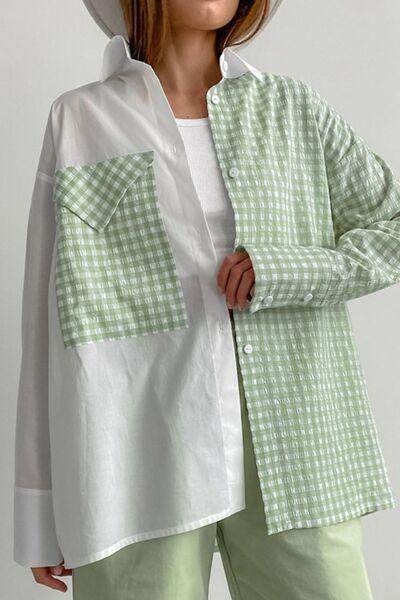 Two-Tone Plaid Button Down Long Sleeve Shirt for Women-1