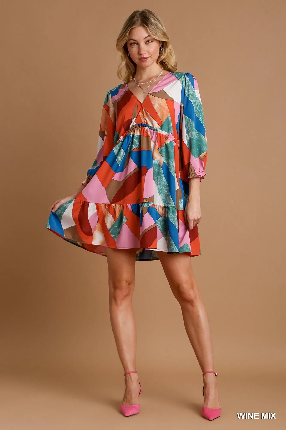 Umgee Abstract V-Neck Tiered Printed Dress-3