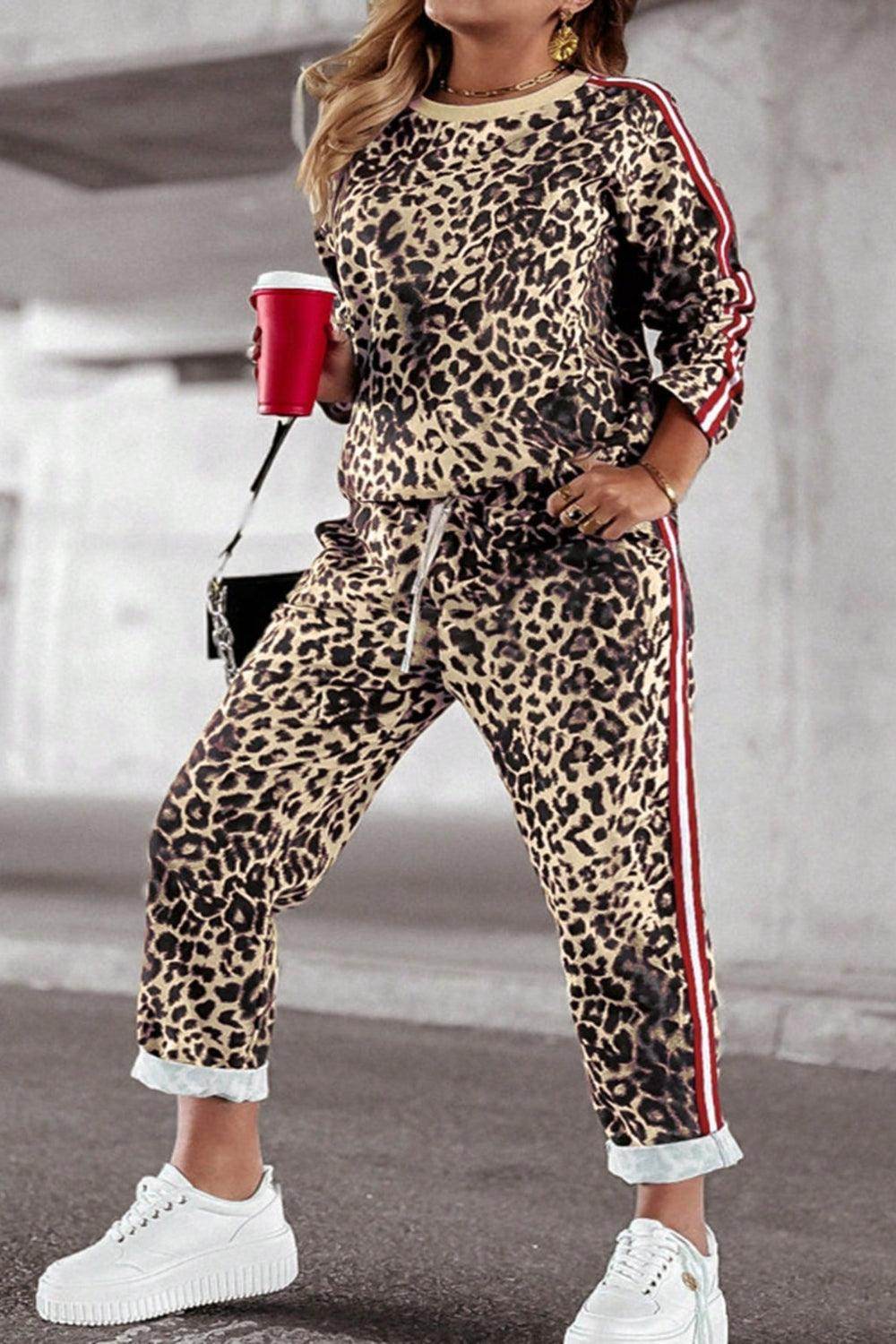 Plus Size Leopard Round Neck Top and Pants Set for Women-4