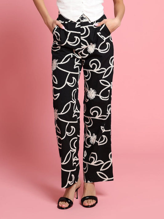 Emboidered straight fit pants-0