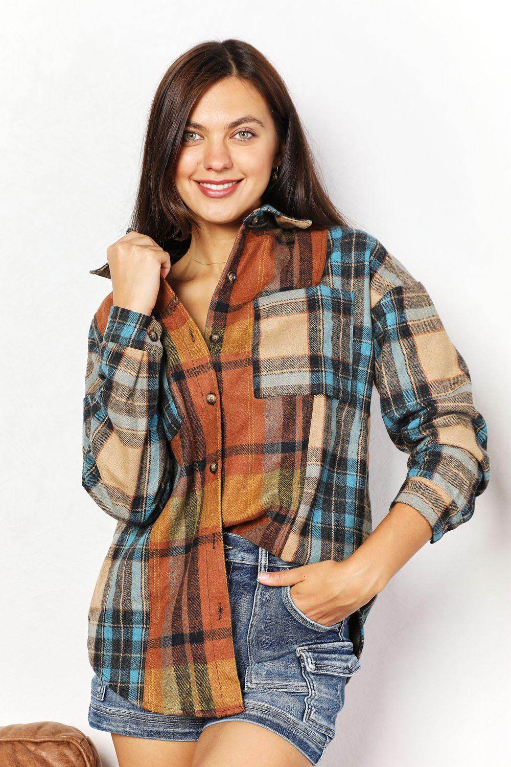 Double Take Plaid Curved Hem Shirt Jacket with Breast Pockets-2