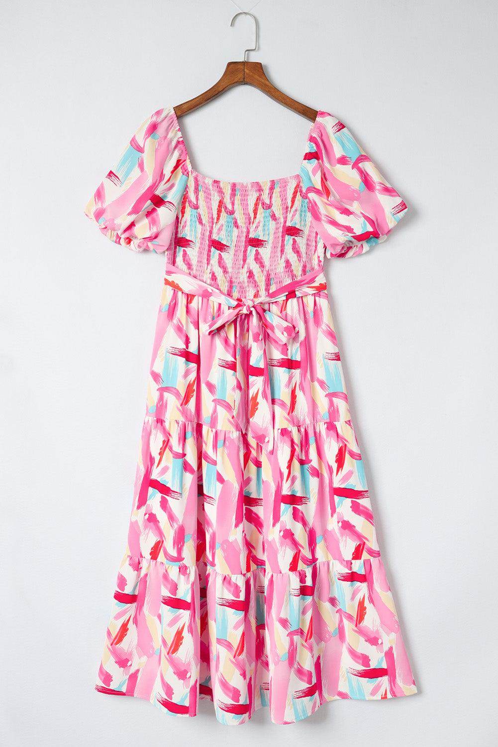 Chic Printed Square Neck Tied Smocked Dress for Women-1