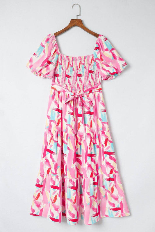 Chic Printed Square Neck Tied Smocked Dress for Women-1