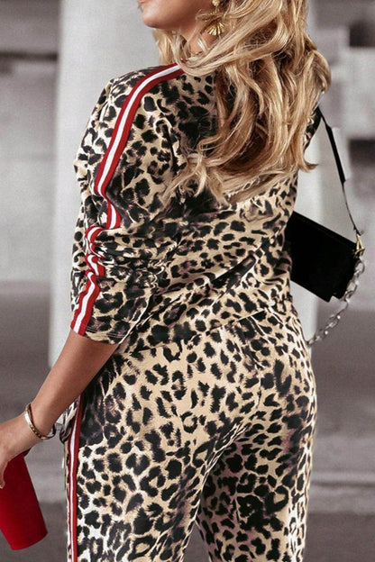Plus Size Leopard Round Neck Top and Pants Set for Women-2