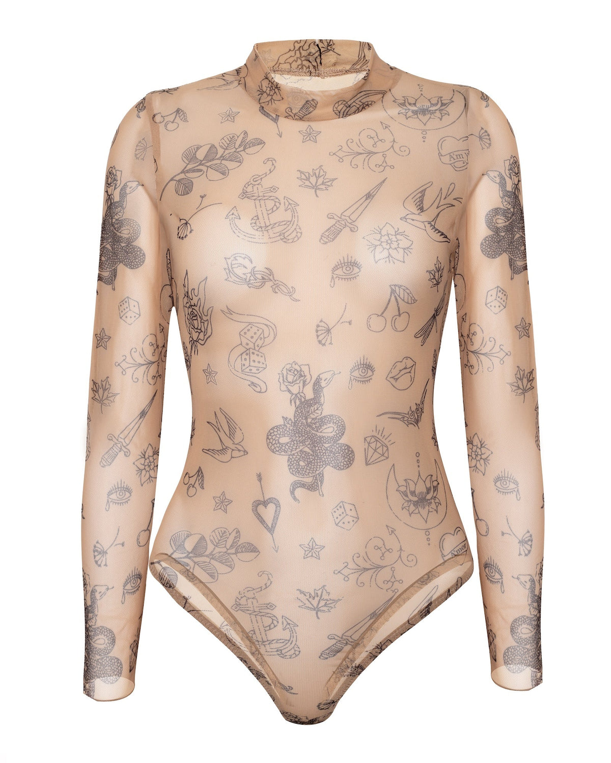 Sheer Mock Neck Tattoo Print Bodysuit, Heze-0