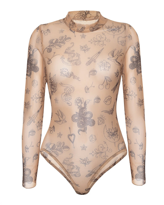 Sheer Mock Neck Tattoo Print Bodysuit, Heze-0